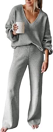 Viottiset Women's 2 Piece Outfits Casual V Neck Knit Wide Leg Sweater Lounge Set Sweatsuit