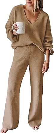 Viottiset Women's 2 Piece Outfits Casual V Neck Knit Wide Leg Sweater Lounge Set Sweatsuit